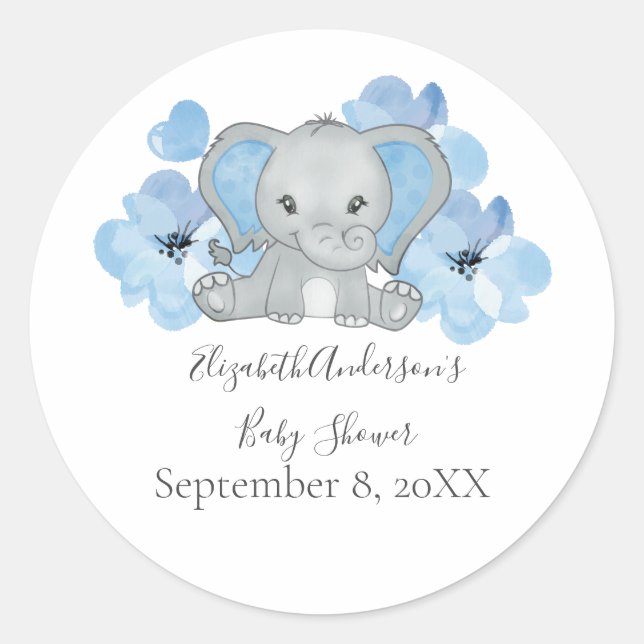 Blue Baby Boy Elephant Baby Dusche Blume Ballon Runder Aufkleber (Vorderseite)