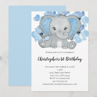 Blue Baby Boy Elephant Blume Balloons Geburtstag Einladung
