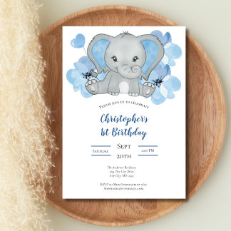 Blue Baby Boy Elephant Blume Balloons Geburtstag Einladung