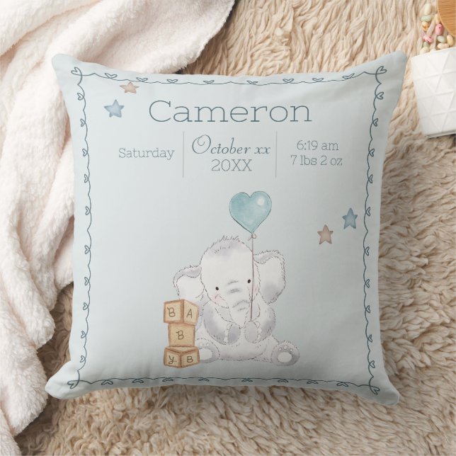 Blue Baby Boy Elephant Individuelle Name Keepake Kissen (Decke)