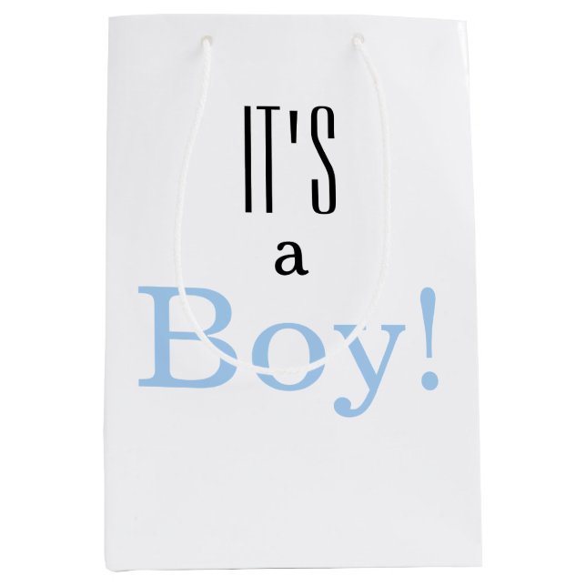 Blue Baby Boy Es ist ein Junge! Baby Shower Party Mittlere Geschenktüte (Vorderseite)
