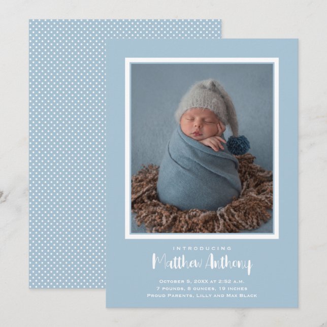 Blue Baby Boy Foto Birth Ankündigung (Vorne/Hinten)