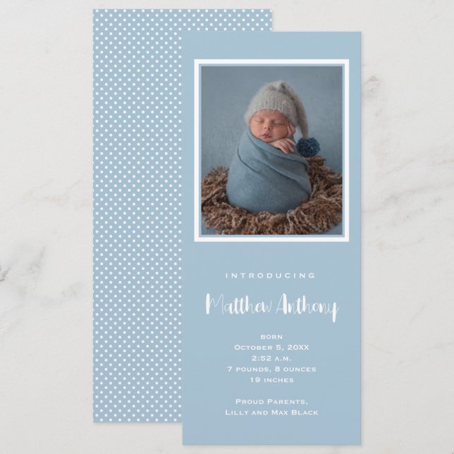 Blue Baby Boy Foto Birth Ankündigung (Vorne/Hinten)