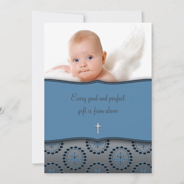 Blue Baby Boy Foto Christening Einladung (Vorderseite)
