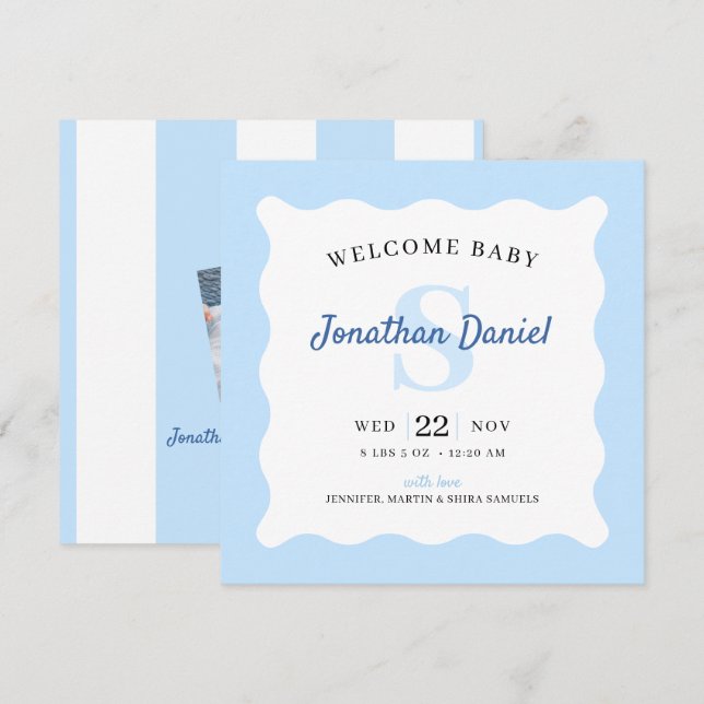 Blue Baby Boy Foto Geburtsankündigung (Vorne/Hinten)