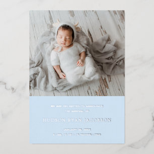 Blue Baby Boy Foto Moderne Geburtsankündigung Folieneinladung
