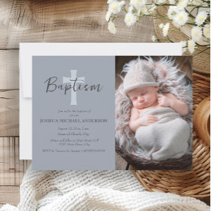 Blue Baby Boy Foto Taufe Cross Einladung