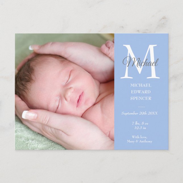 Blue Baby Boy Initial Monogram Foto Vielen Dank Postkarte (Vorderseite)