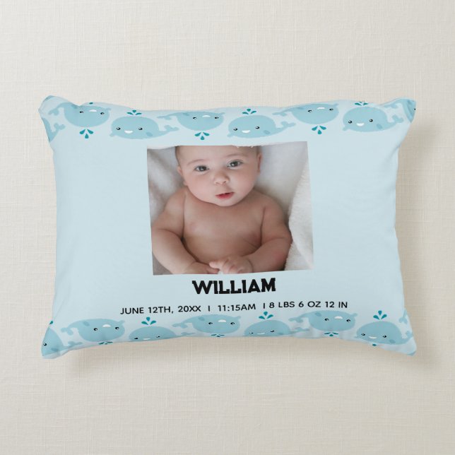 Blue Baby Boy Name Geburtsdatum | Foto Baby Dekokissen (Vorderseite)