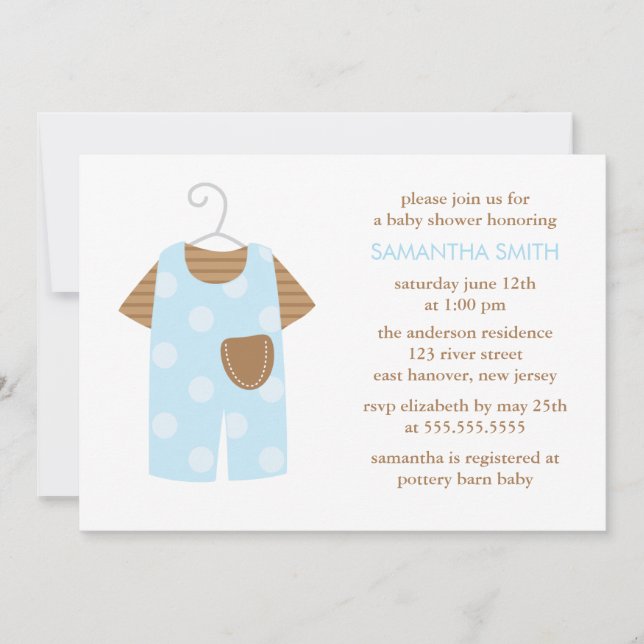 Blue Baby Boy Outfit Baby Dusche Einladung (Vorderseite)