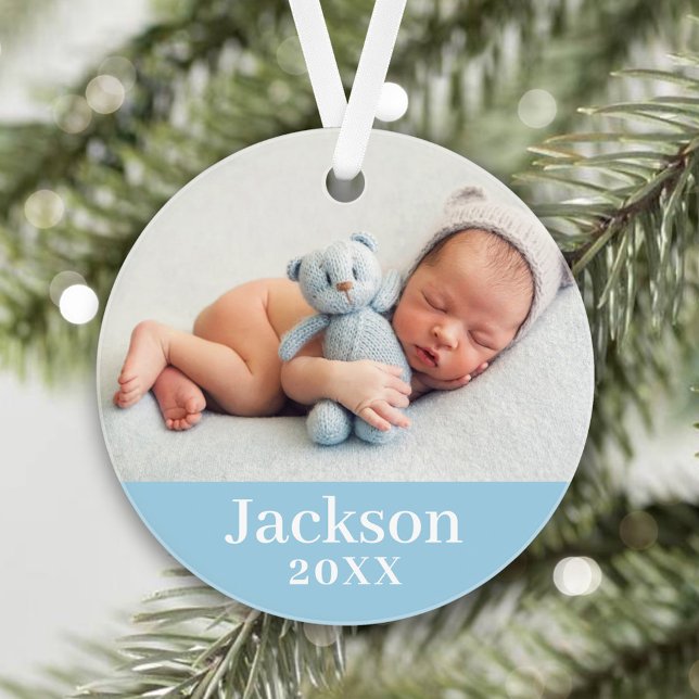 Blue Baby Boy Personalisiert Name Foto Ornament (Von Creator hochgeladen)