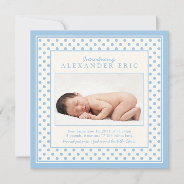 Blue Baby Boy Polka Dot Foto Geburtsankündigung Ankündigung (Vorderseite)