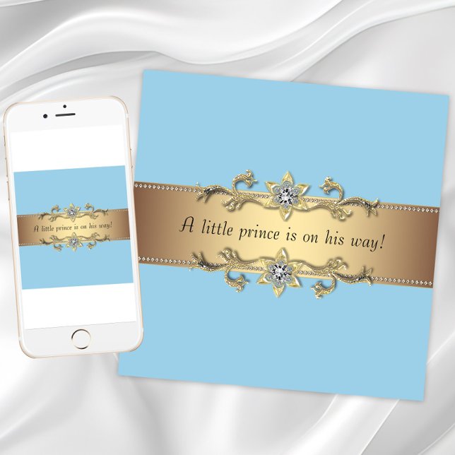 Blue Baby Boy Prince Dusche Einladung (Baby blue gold baby shower invitation. Add your text to the front and back. Download and printed.)