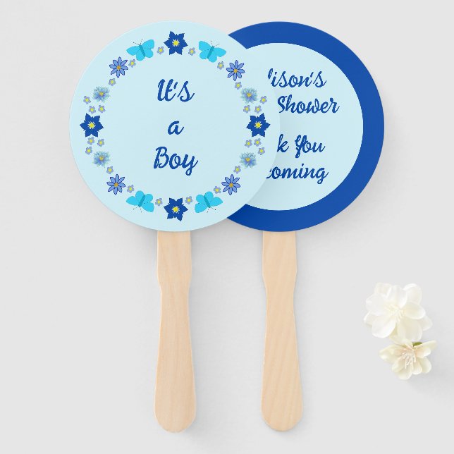Blue Baby Boy Schmetterlinge und Blume Babydusche Fächer (Vorne und Hinten)
