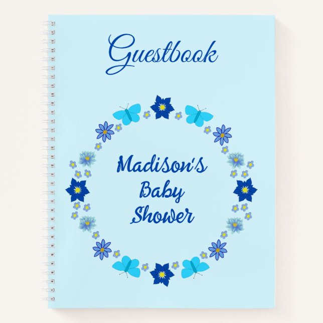 Blue Baby Boy Schmetterlinge und Blume Babydusche Notizbuch (Vorderseite)