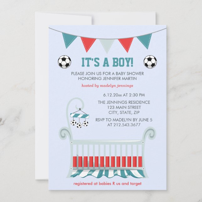 Blue Baby Boy Soccer Baby Dusche Einladung (Vorderseite)