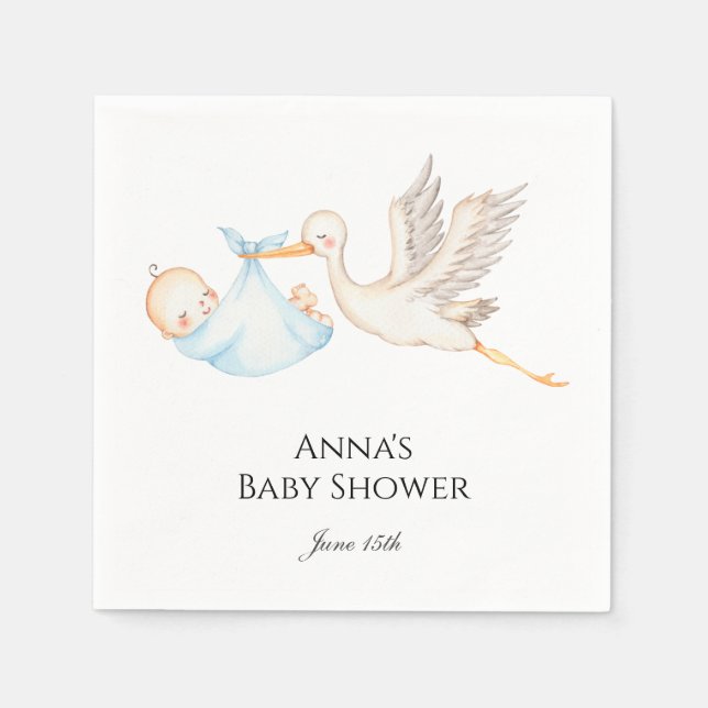 Blue Baby Boy Stork Baby Dusche Serviette (Vorderseite)