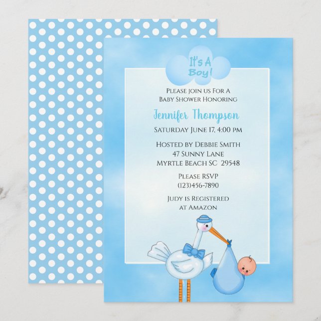 Blue Baby Boy Stork Shower Einladungen (Vorne/Hinten)