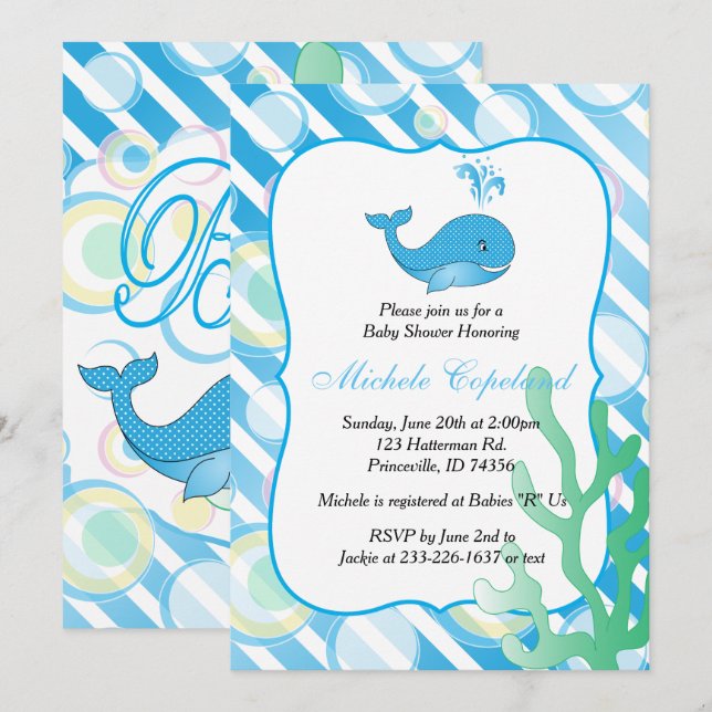 Blue Baby Boy Whale Babyshower Einladung (Vorne/Hinten)