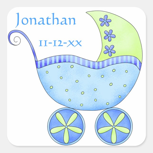 Blue Baby Buggy Boy Name Geburtsdatum Ankündigung Quadratischer Aufkleber (Vorderseite)