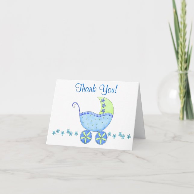 Blue Baby Buggy Carriage Vielen Dank Dankeskarte (Vorderseite)