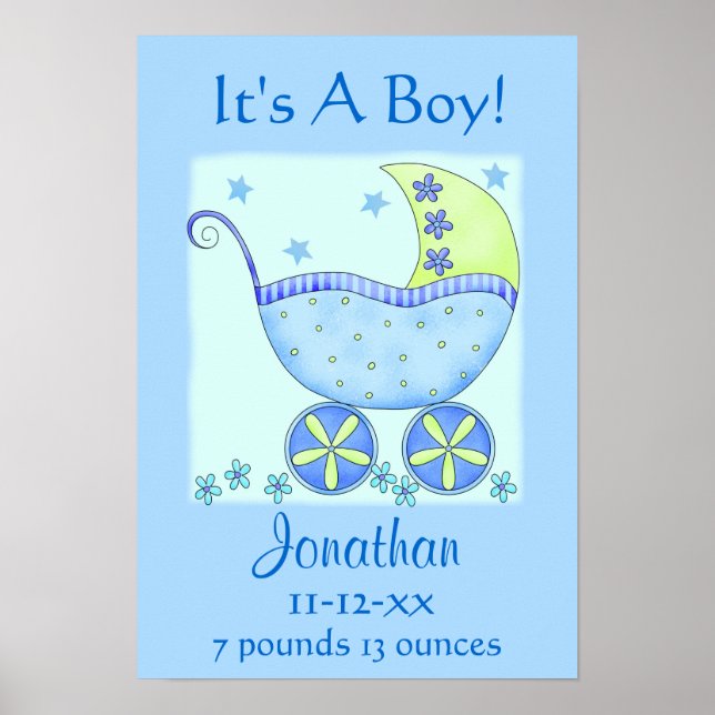 Blue Baby Buggy Junge Geburtsname Ankündigung Art Poster (Vorne)