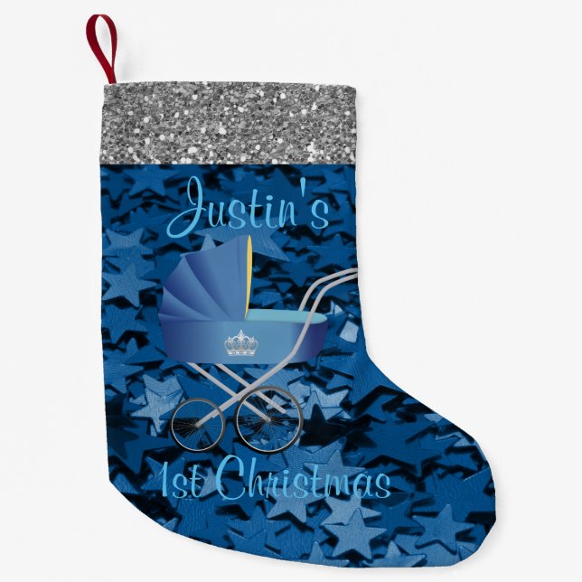 Blue Baby Carriage & Stars Silver Imitats Glitzer Kleiner Weihnachtsstrumpf (Vorderseite)