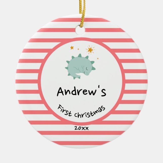 Blue Baby Dino | Erster Weihnachts Roter Streifen  Keramik Ornament (Vorne)