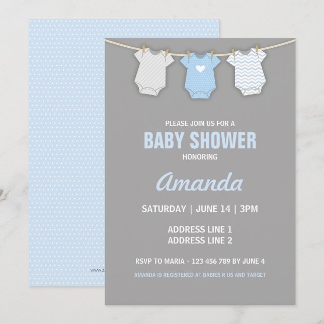 Blue Baby Dusche Einladung, Thema Clothesline Einladung (Vorne/Hinten)