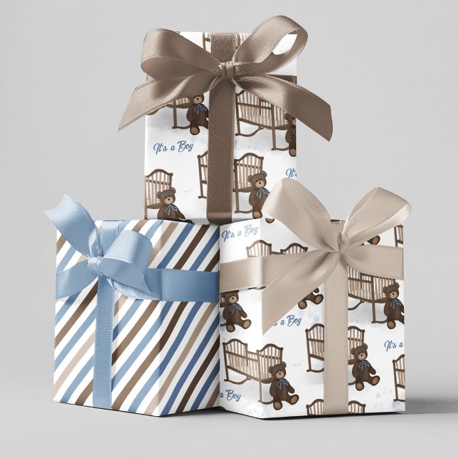 Blue Baby Dusche Es ist ein Boy Teddy Bär Geschenkpapier Set (Baby shower "it's a Boy" wrapping paper set)