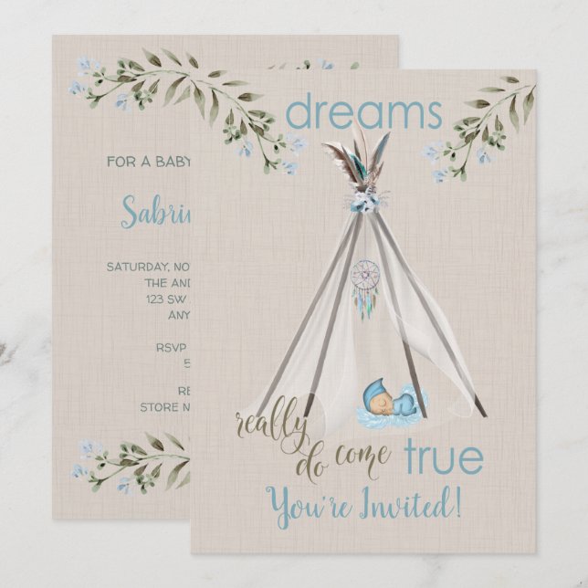 Blue Baby Dusche für Boys Boho DreamCatcher Tipi Einladung (Vorne/Hinten)