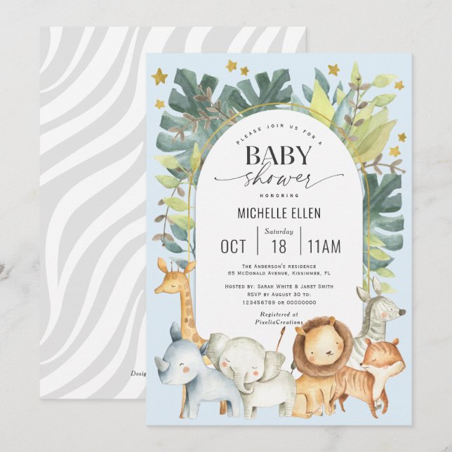 Blue Baby Dusche Jungle Tiere Thema Einladung (Vorne/Hinten)
