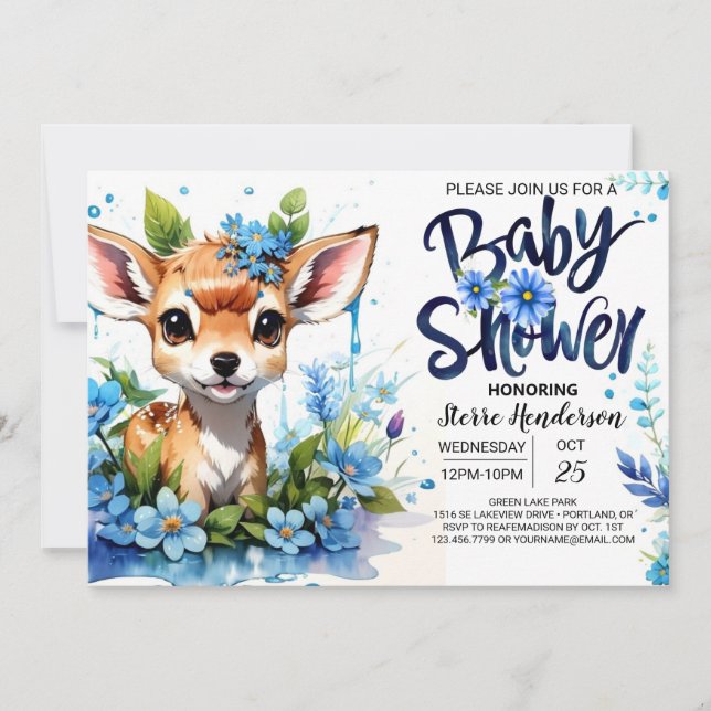 Blue Baby Dusche mit Woodland Adventure für Boy Einladung (Vorderseite)