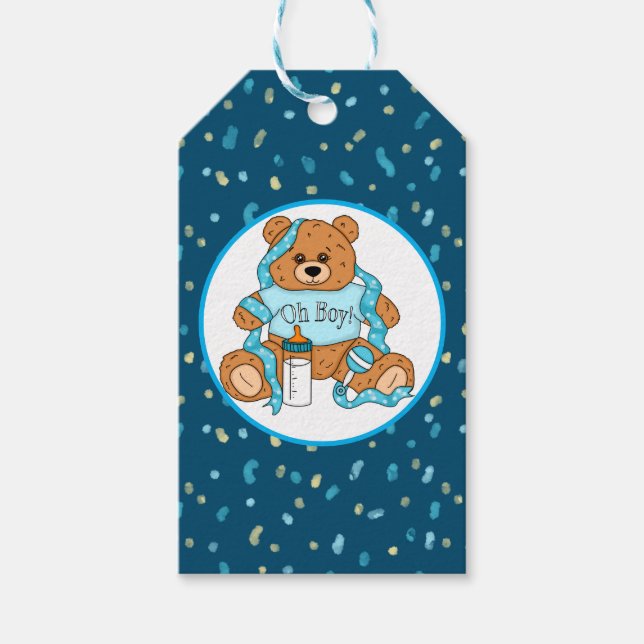 Blue Baby Dusche Oh Boy Teddy Bear Geschenkanhänger (Vorderseite)