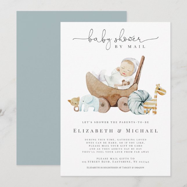  Blue Baby Dusche von Mail Boy Boho soziale Entfer Einladung (Vorne/Hinten)