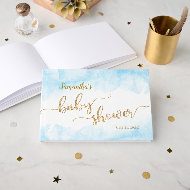 Blue Baby Dusche Wasserfarbe und Gold Glitzer Gästebuch (Vorderseite Offen)