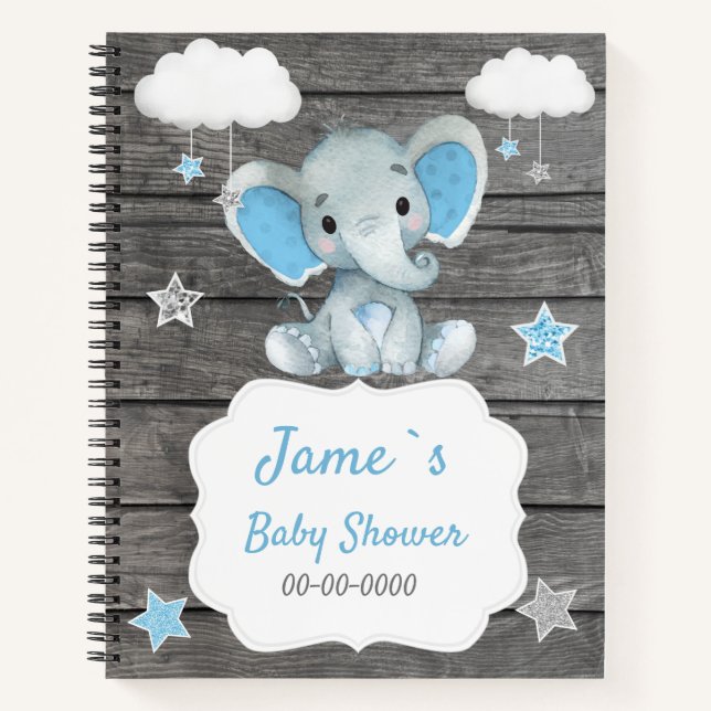 Blue Baby Elephant Book Baby Dusche Rustikal Notizbuch (Vorderseite)