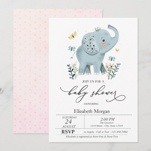 Blue Baby Elephant Butterfly Dots Baby Dusche Einladung (Vorne/Hinten)