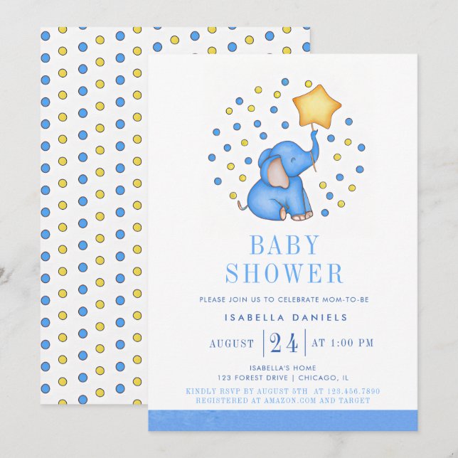 Blue Baby Elephant und Star Balloon Baby Shower Einladung (Vorne/Hinten)