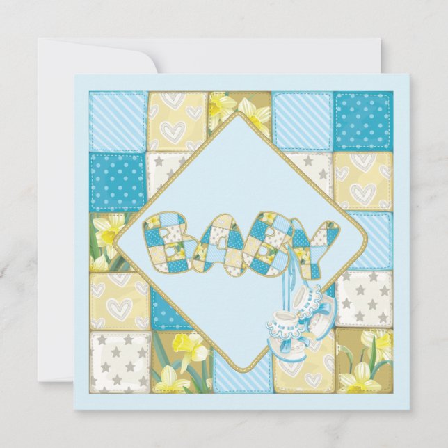Blue Baby Hintern und Patchwork Quilt Baby Dusche Einladung (Vorderseite)