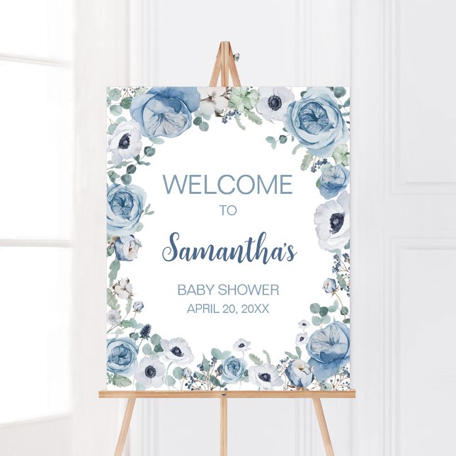 Blue Baby in Bloom Baby Dusche Willkommen Poster (Dusty Blue Wildflower Baby Shower Welcome Sign)