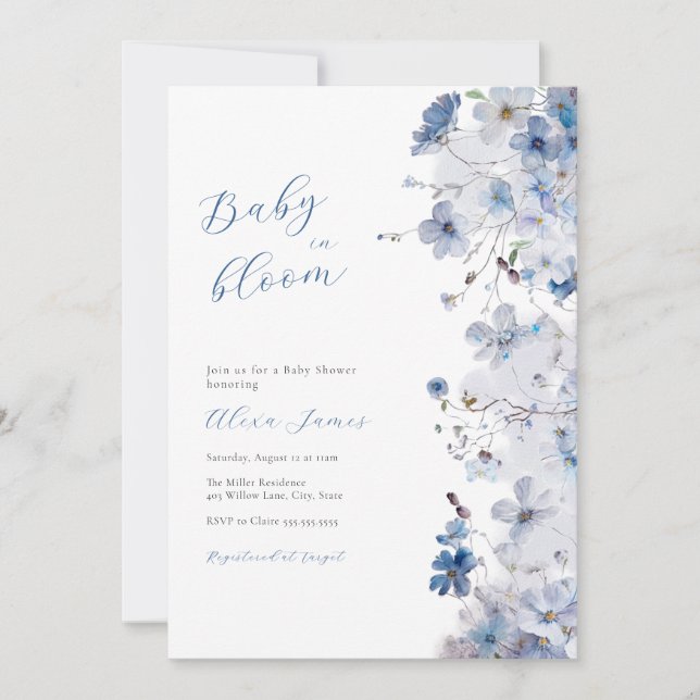 Blue Baby in Bloom Baby Shower Einladung (Vorderseite)