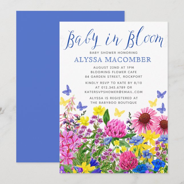 Blue Baby in Bloom Floral Baby Dusche Einladung (Vorne/Hinten)