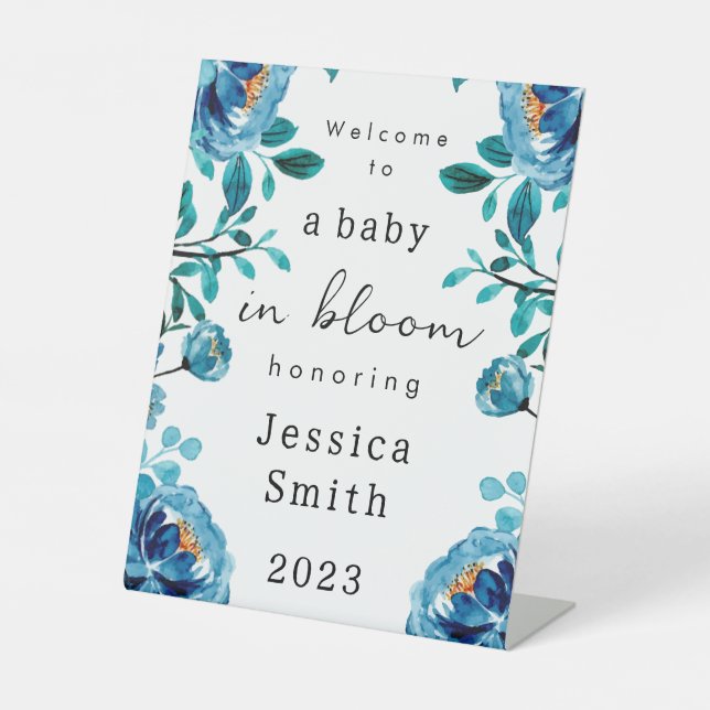 Blue "Baby in Bloom" Willkommensschild Sockelschild (Vorderseite)