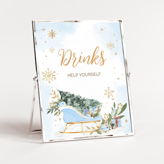 Blue Baby It's Cold Outside Drinks Poster (Gold Snowflake Baby Shower Drinks Sign)