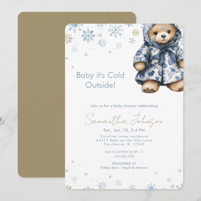 Blue Baby It's Cold Outside Teddy Bear Einladung (Vorne/Hinten)