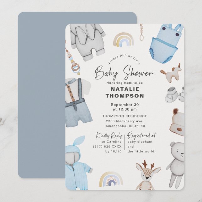 Blue Baby Kleidung & Toys Boy Baby Dusche Einladung (Vorne/Hinten)