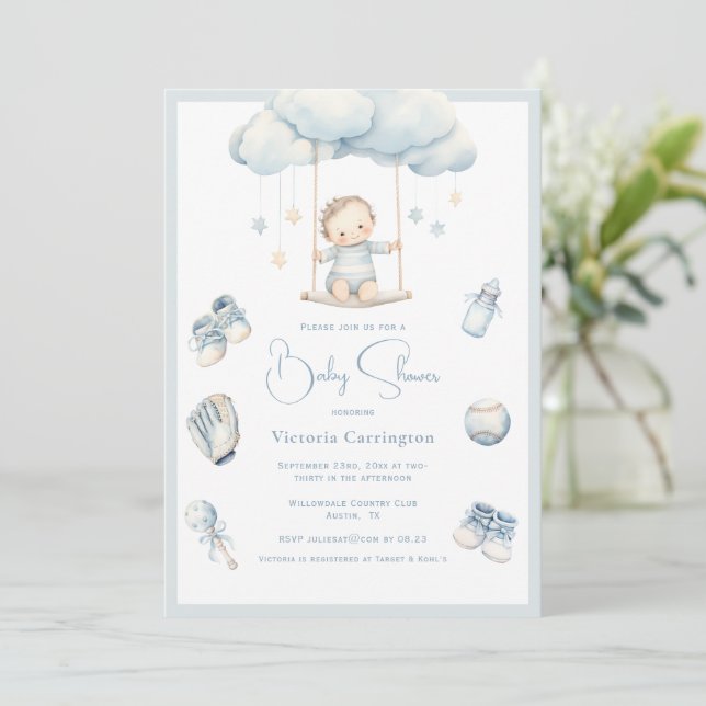 Blue Baby on Cloud Boy Baby Shower Einladung (Stehend Vorderseite)