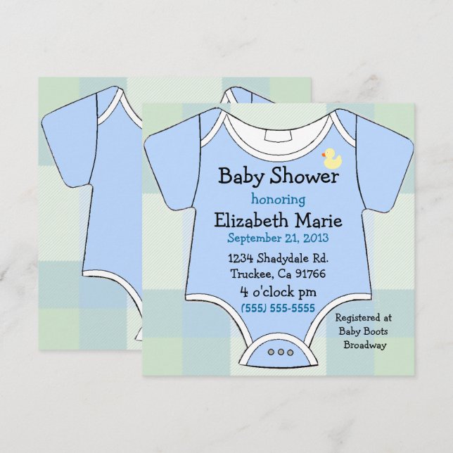 Blue Baby Outfit Dusche Einladung (Vorne/Hinten)