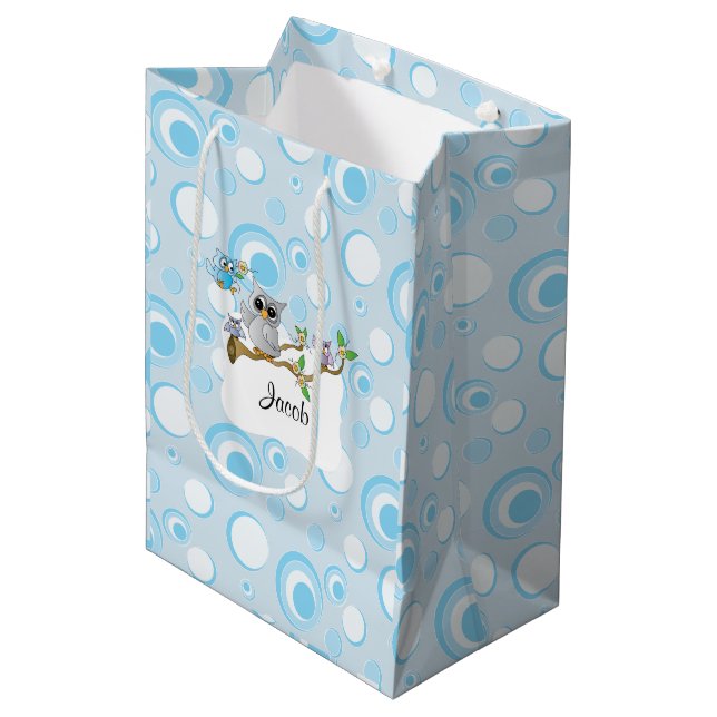 Blue Baby Owl Baby Dusche Mittlere Geschenktüte (Vorderseite Schrägansicht)